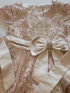Pink & Gold Floral Lace Bow Waist Dress